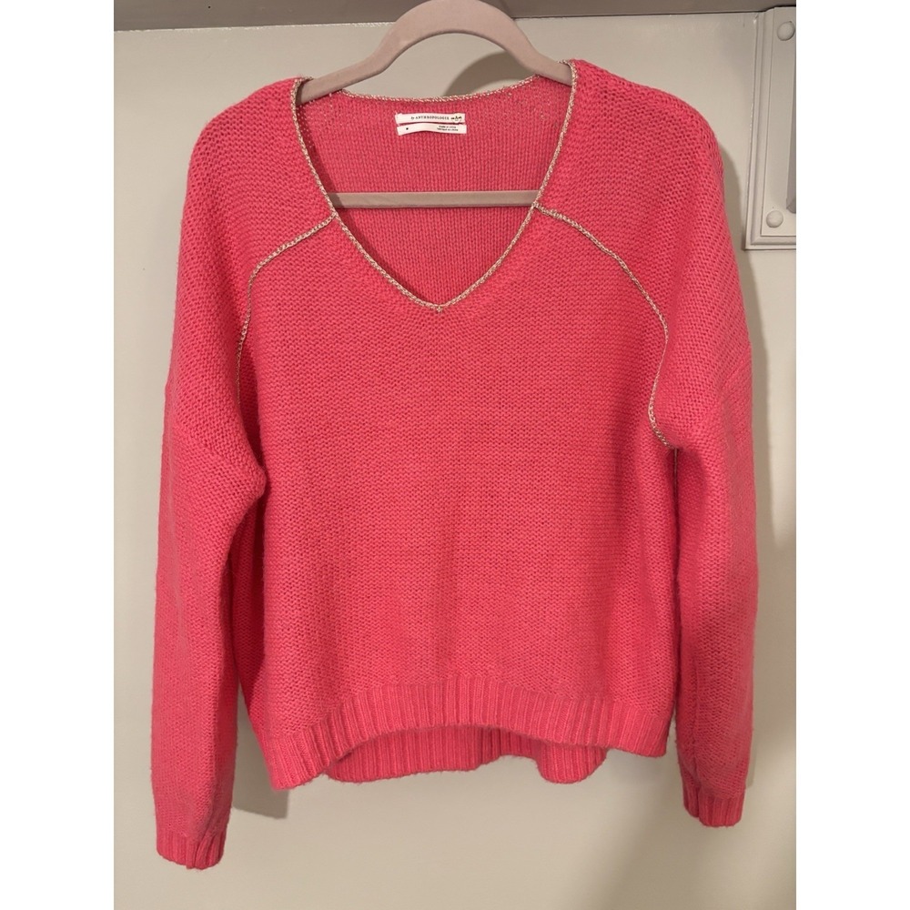 BY ANTHROPOLOGIE Hot Pink Wool Alpaca Boxy V Neck Sweater M Gold Trim‎